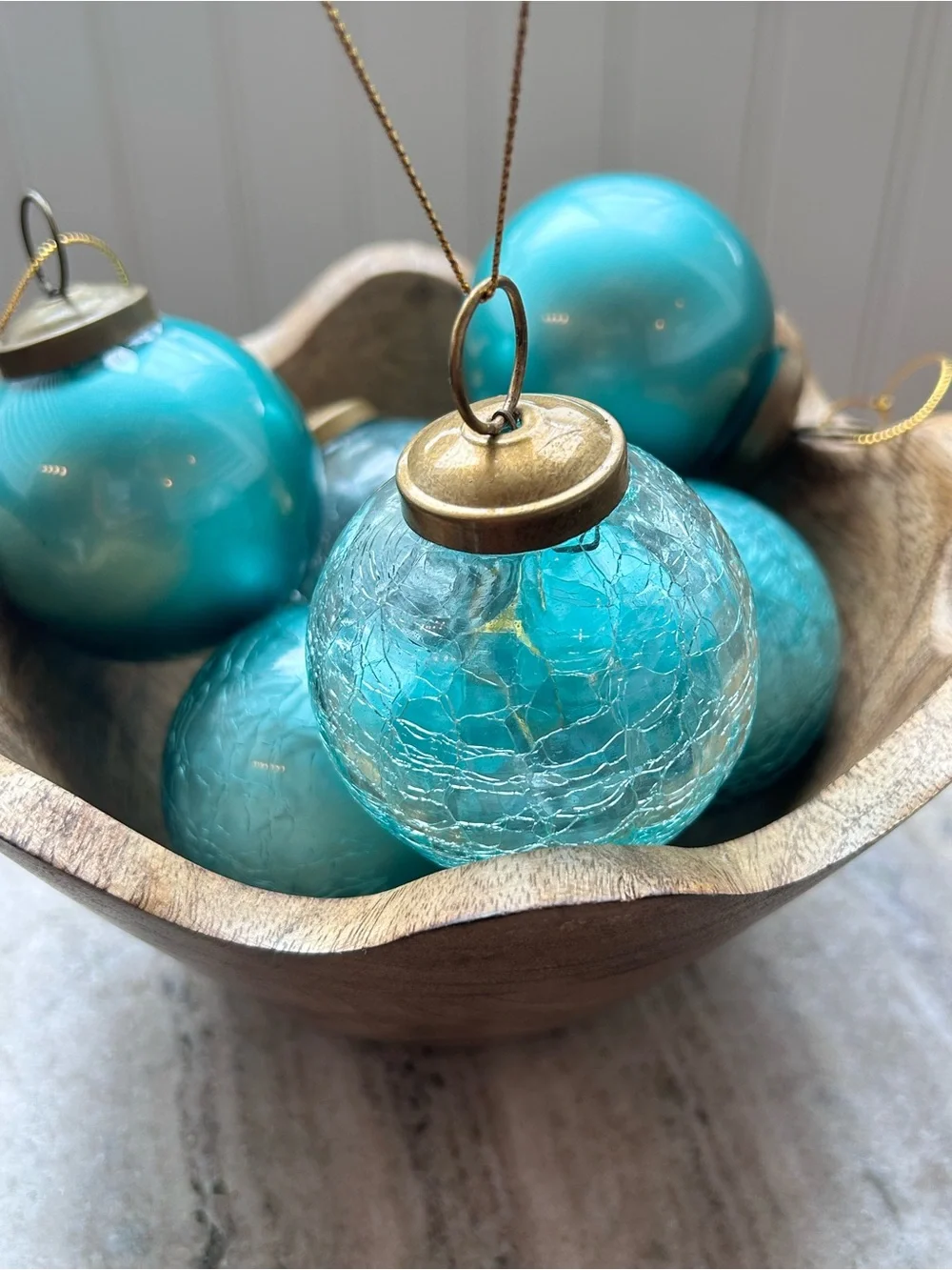 Restoration Hardware Teal Blue Crackle Glass Ornaments Set of 6